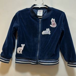 Sweet navy velvety zip up jacket size 2t with some woodland creatures